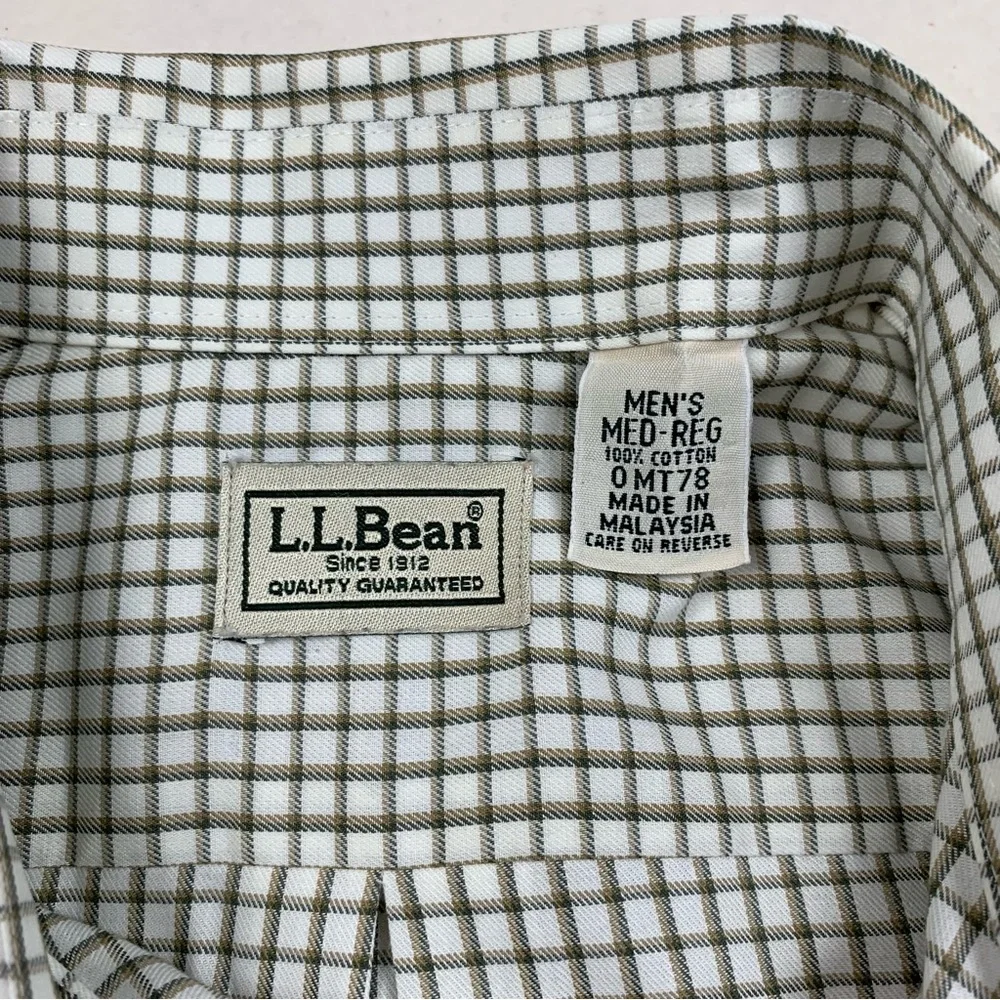 LL Bean Shirt Men's Medium Green Brown Check‎ Plaid Button Down Outdoor Office